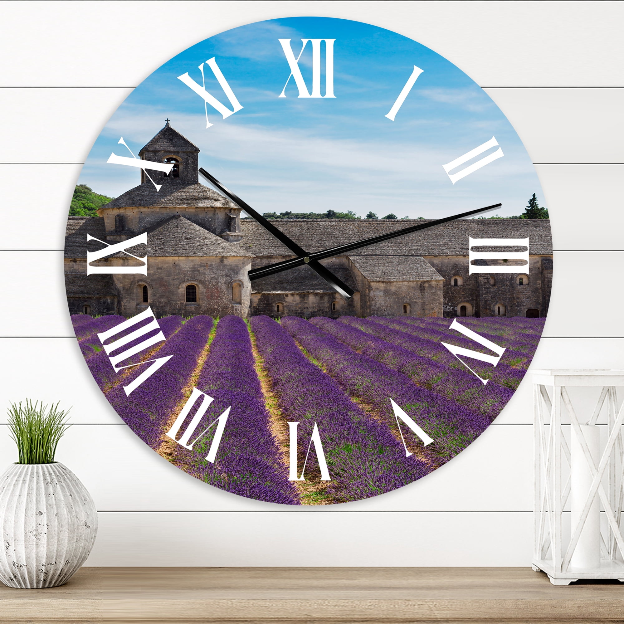 Designart 'Lavender Field With Abbey In France' Farmhouse Wall Clock