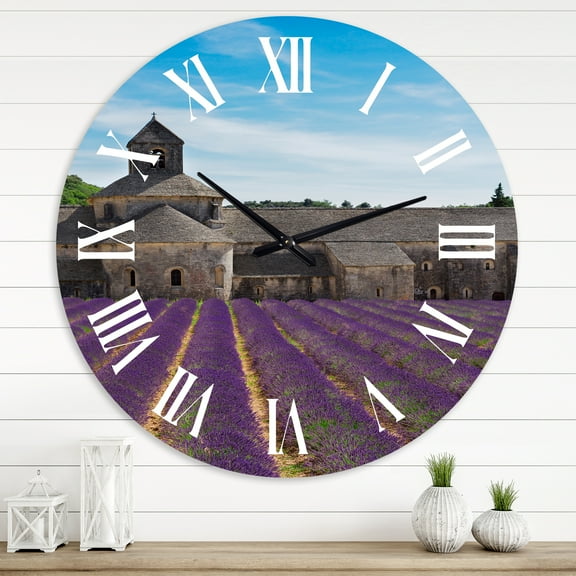 Designart 'Lavender Field With Abbey In France' Farmhouse Wall Clock