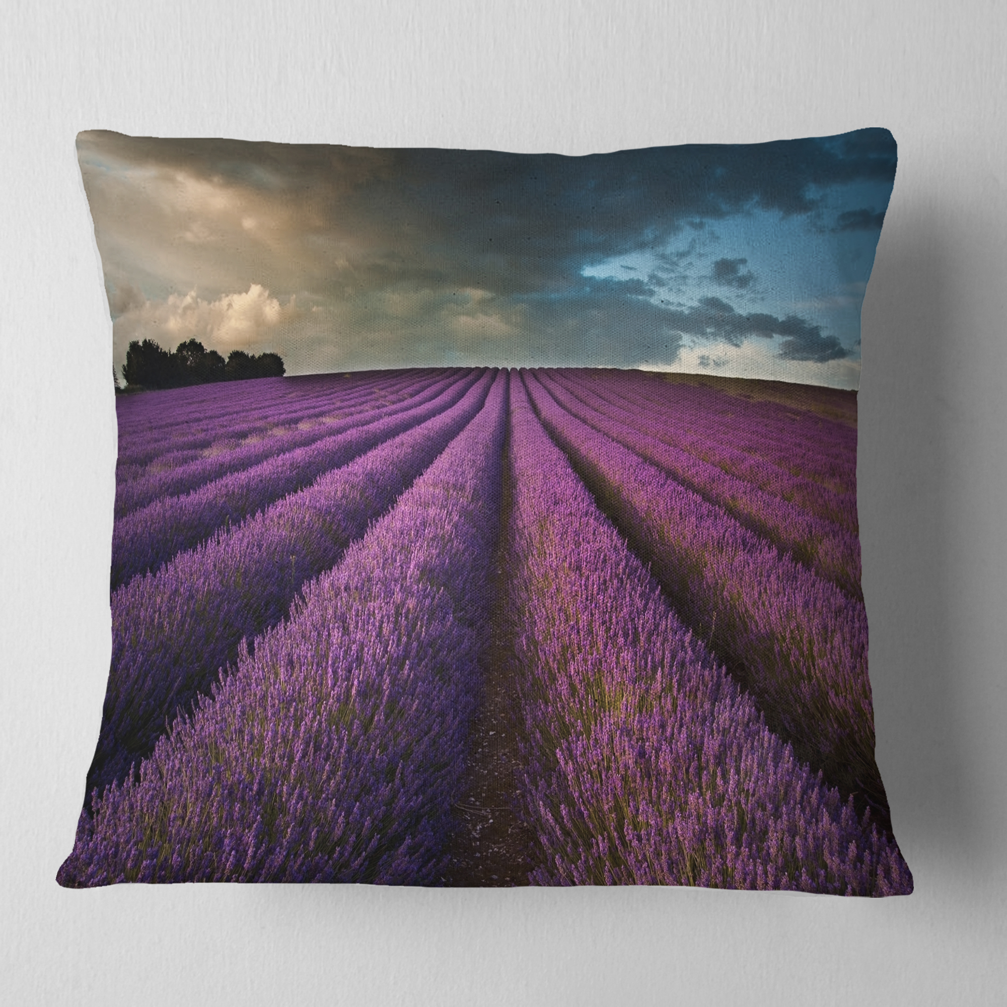 Designart Lavender Field and Dramatic Sky - Floral Throw Pillow - 18x18