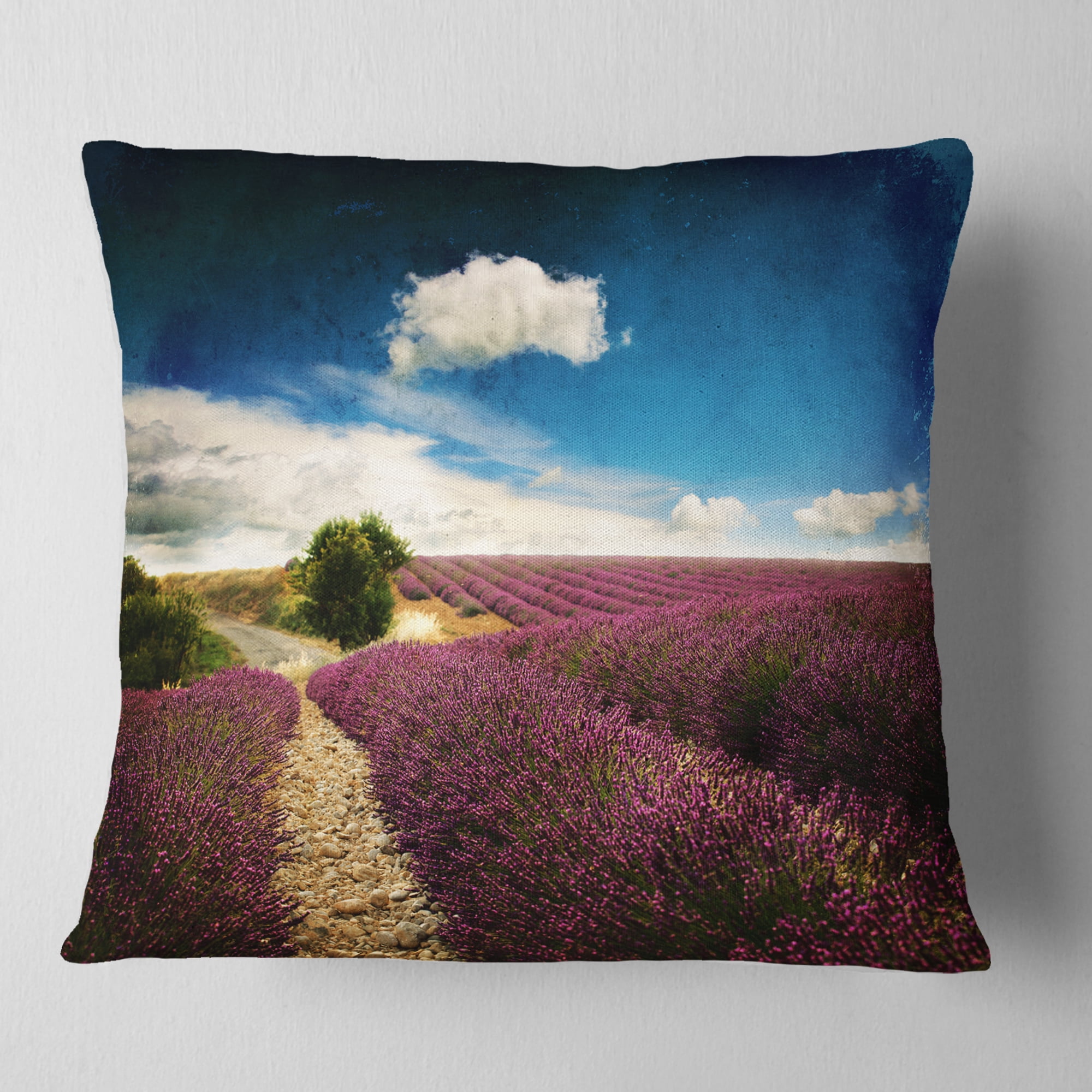 Designart Lavender Field with Dramatic Blue Sky - Landscape Printed Throw Pillow - 16x16