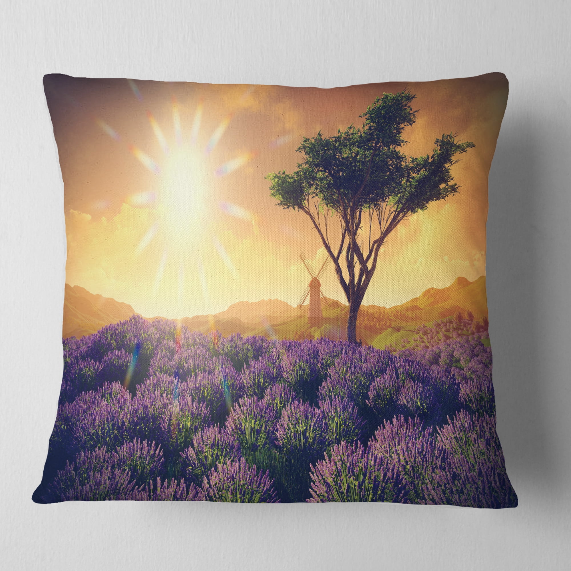 Designart Lavender Field with Solitary Tree - Landscape Printed Throw Pillow - 16x16
