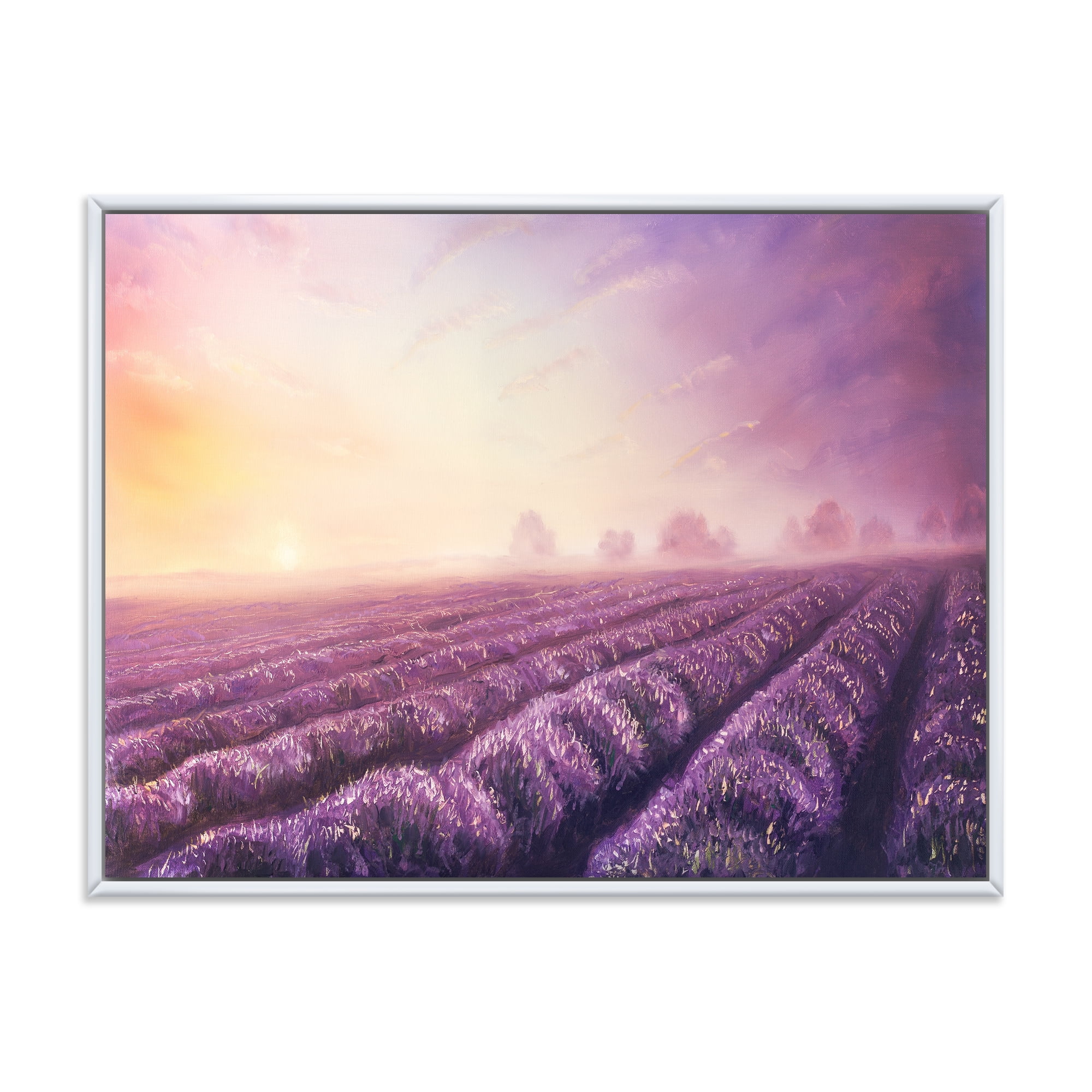 Designart 'Lavender Fields During Sunrise' Modern Framed Canvas Wall Art Print, image size:2000x2000