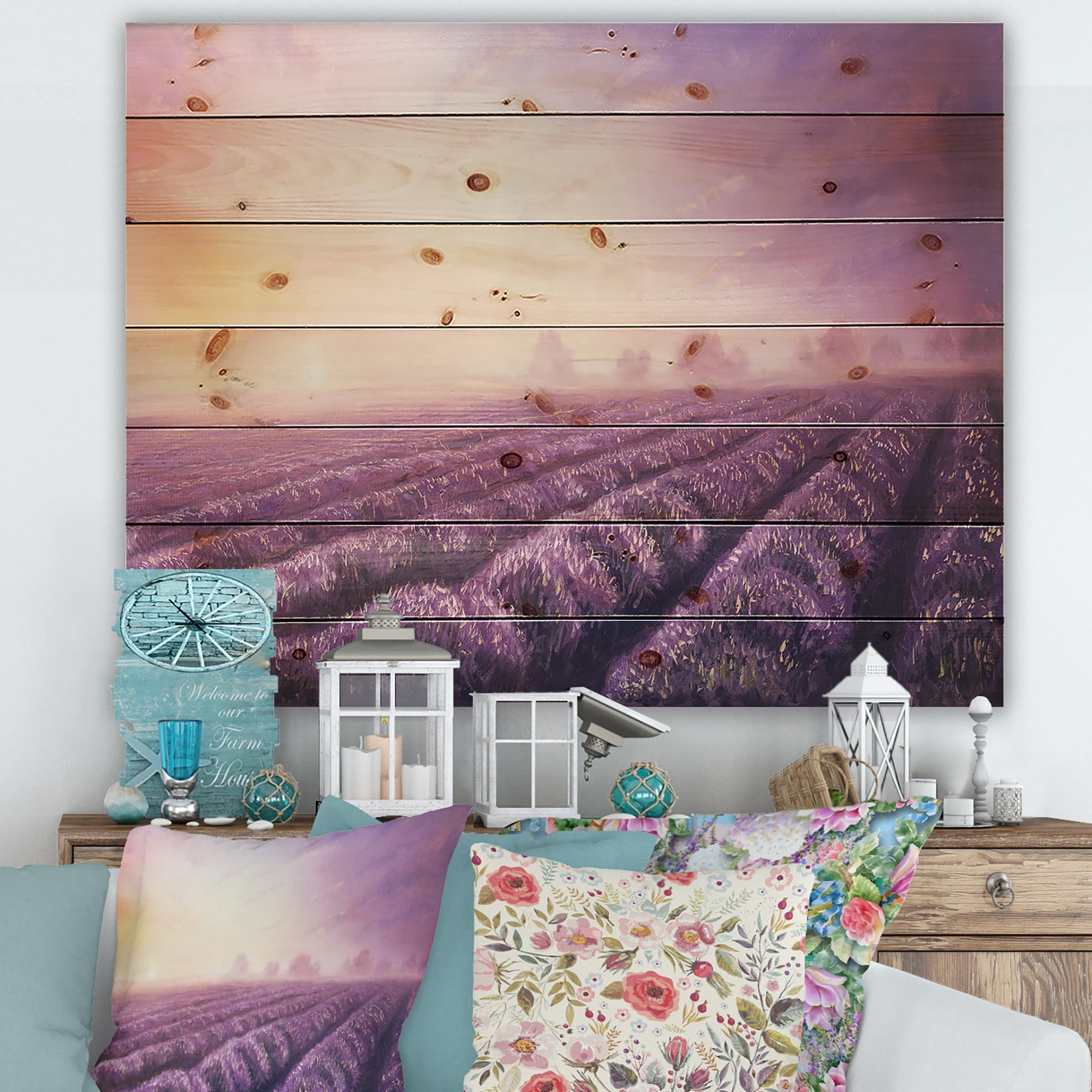 Designart 'Lavender Fields During Sunrise' Modern Print on Natural Pine Wood
