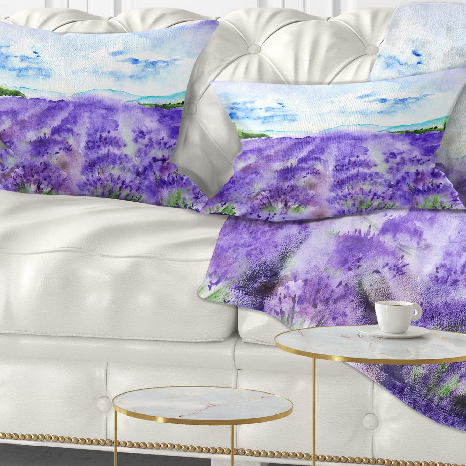 Designart Lavender Fields Watercolor - Landscape Printed Throw Pillow - 12x20