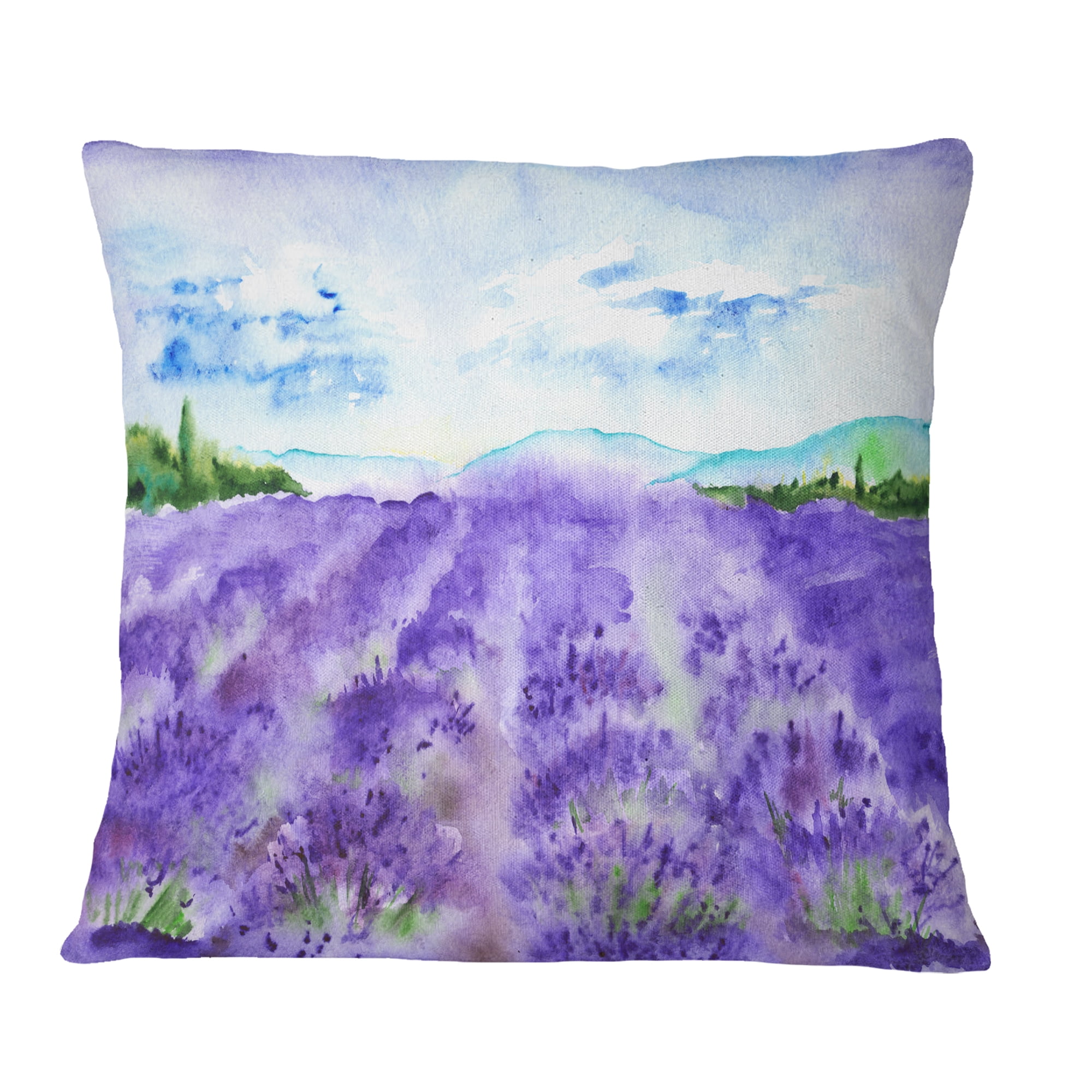 Designart Lavender Fields Watercolor - Landscape Printed Throw Pillow - 16x16