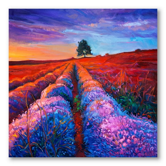 Designart ' Lavender Fields With Distant Tree & Sunset Glow ' Farmhouse Canvas Wall Art Print