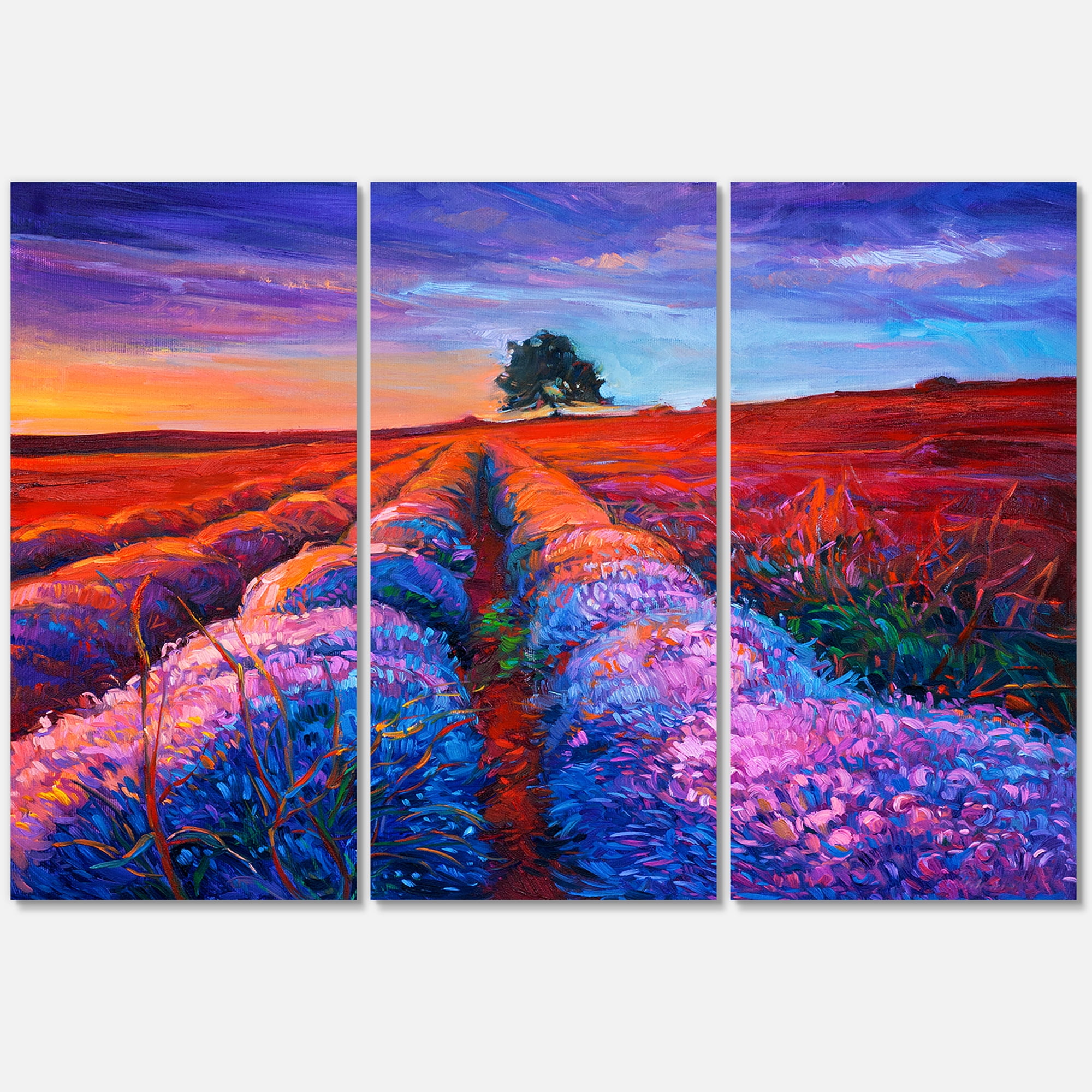 Designart ' Lavender Fields With Distant Tree & Sunset Glow ' Farmhouse Canvas Wall Art Print