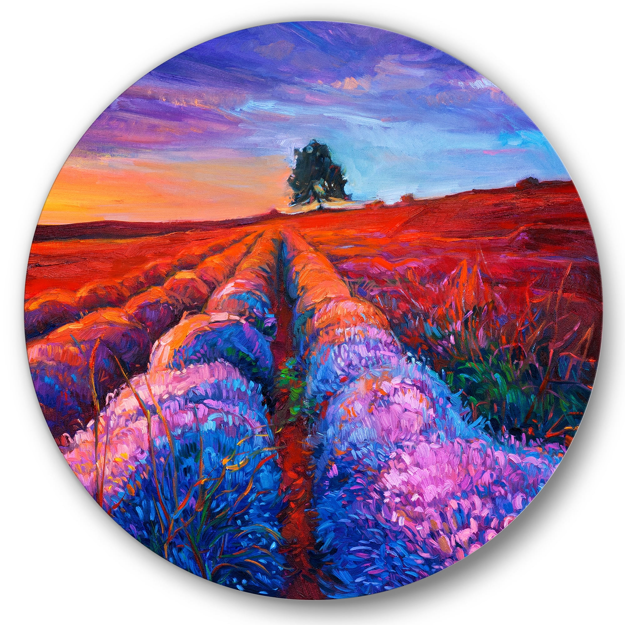 Designart 'Lavender Fields With Distant Tree & Sunset Glow' Farmhouse Circle Metal Wall Art 11x11 - Disc of 11