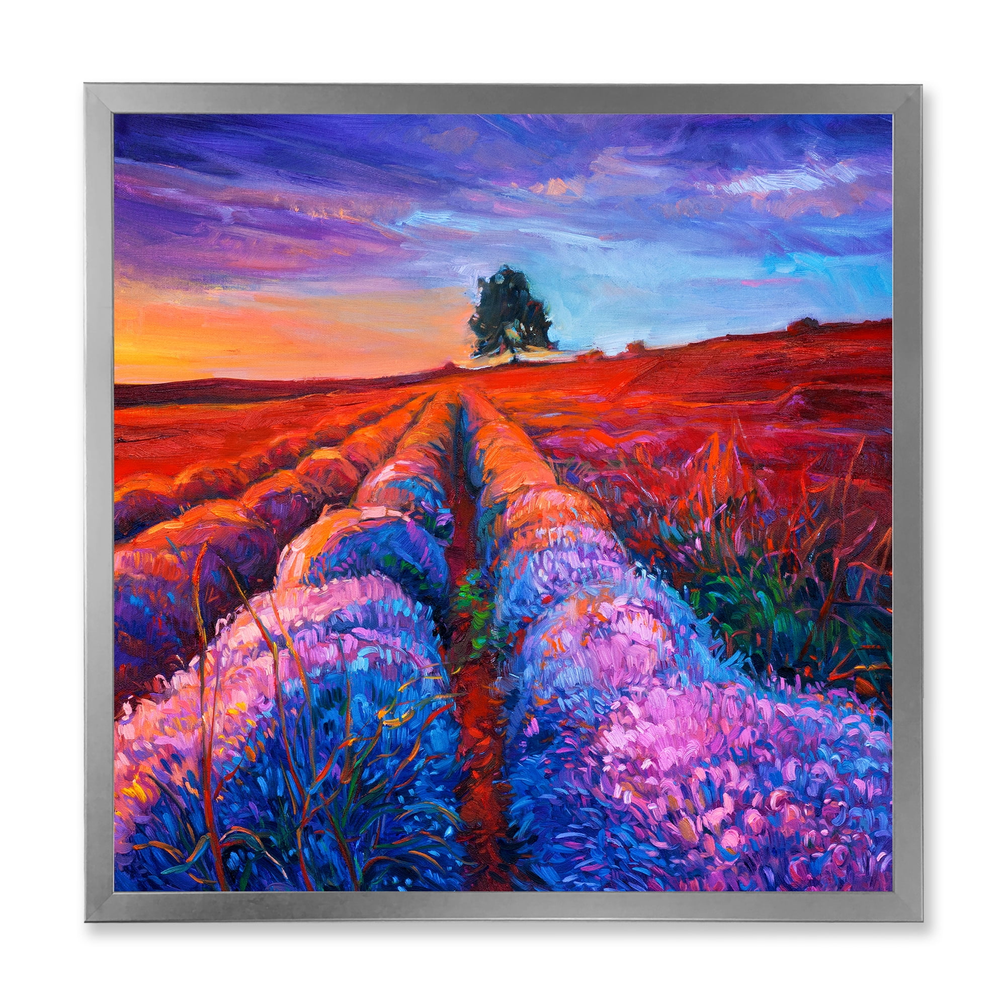 Designart 'Lavender Fields With Distant Tree & Sunset Glow' Farmhouse Framed Art Print