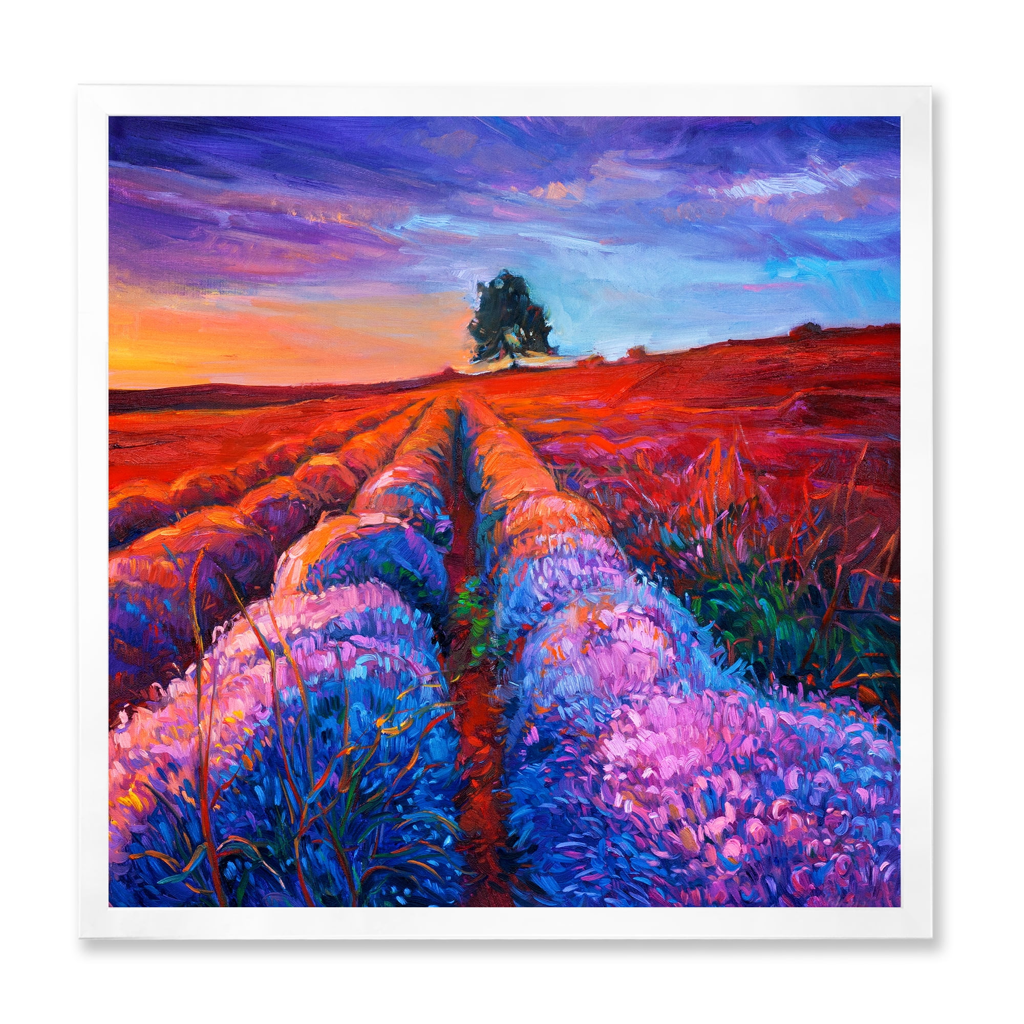 Designart 'Lavender Fields With Distant Tree & Sunset Glow' Farmhouse Framed Art Print