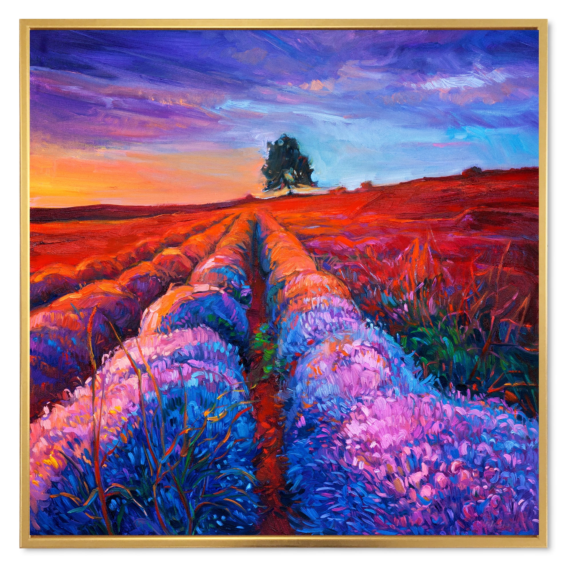 Designart 'Lavender Fields With Distant Tree & Sunset Glow' Farmhouse Framed Canvas Wall Art Print