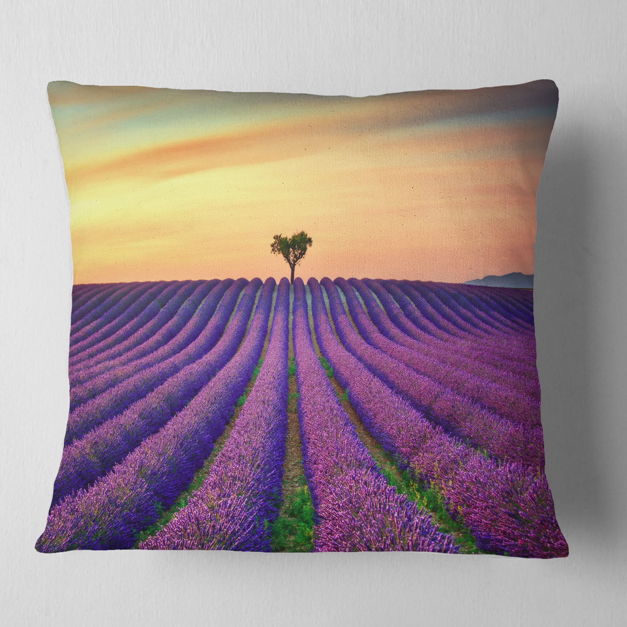 Designart Lavender Flower Rows in Provence - Landscape Wall Throw Pillow - 18x18