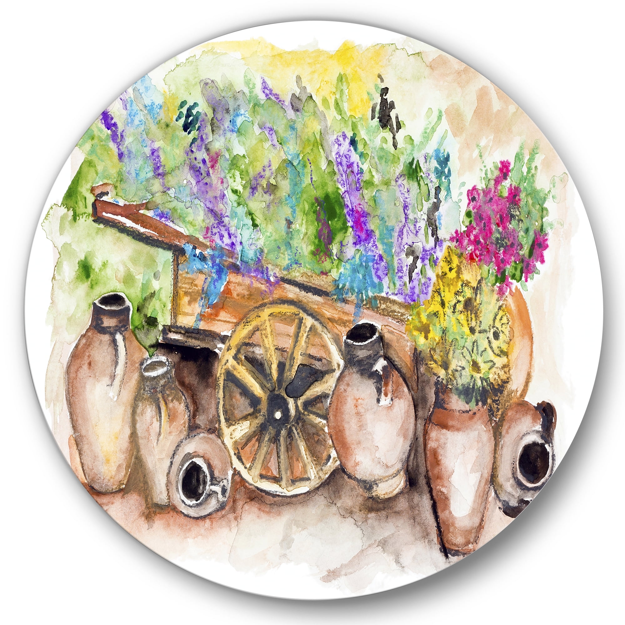 Designart 'Lavender Flowers On Ancient Cart Illustration' Traditional Circle Metal Wall Art 11x11 - Disc of 11
