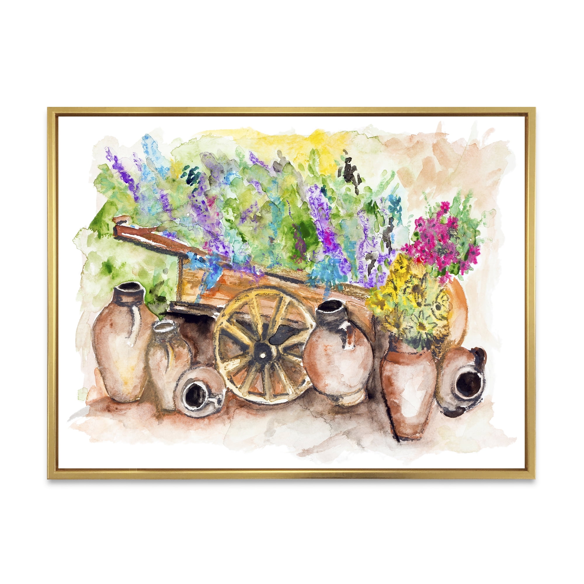 Designart 'Lavender Flowers On Ancient Cart Illustration' Traditional Framed Canvas Wall Art Print