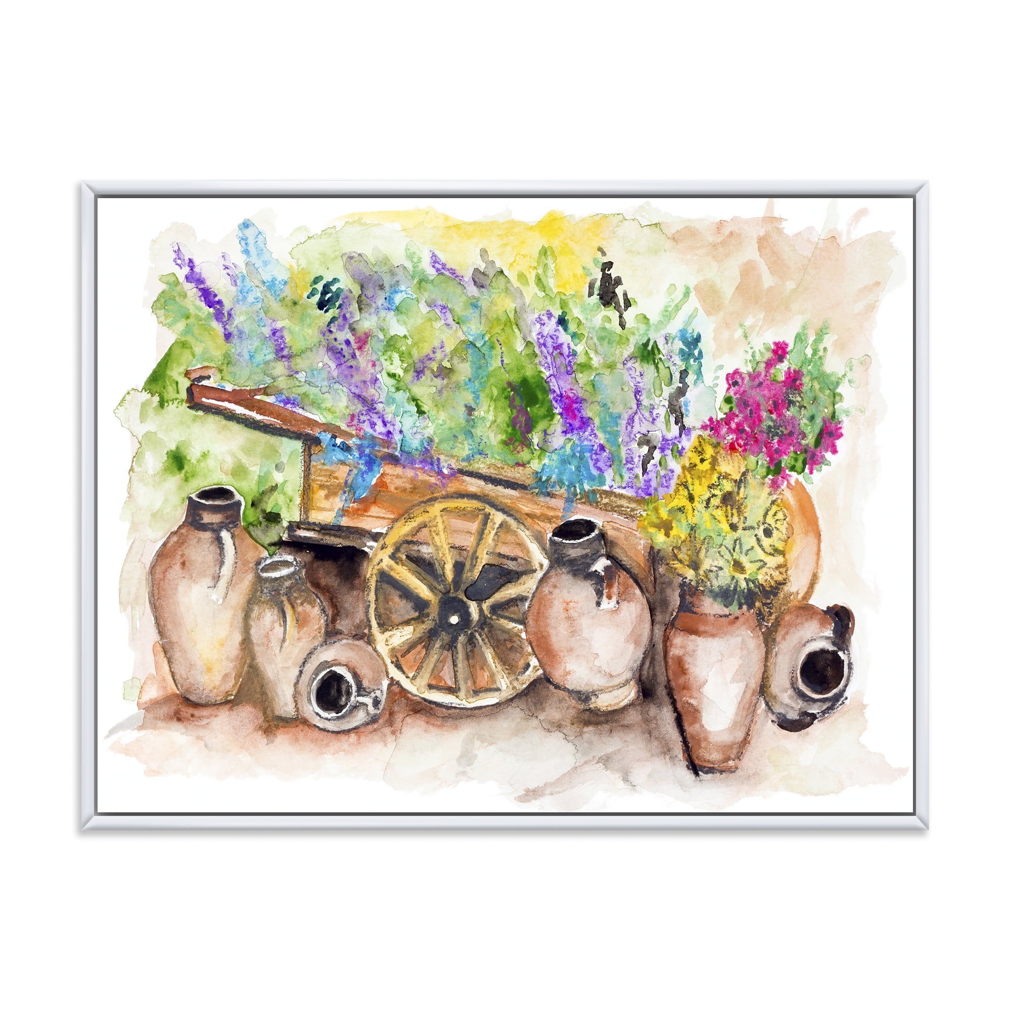Designart 'Lavender Flowers On Ancient Cart Illustration' Traditional Framed Canvas Wall Art Print