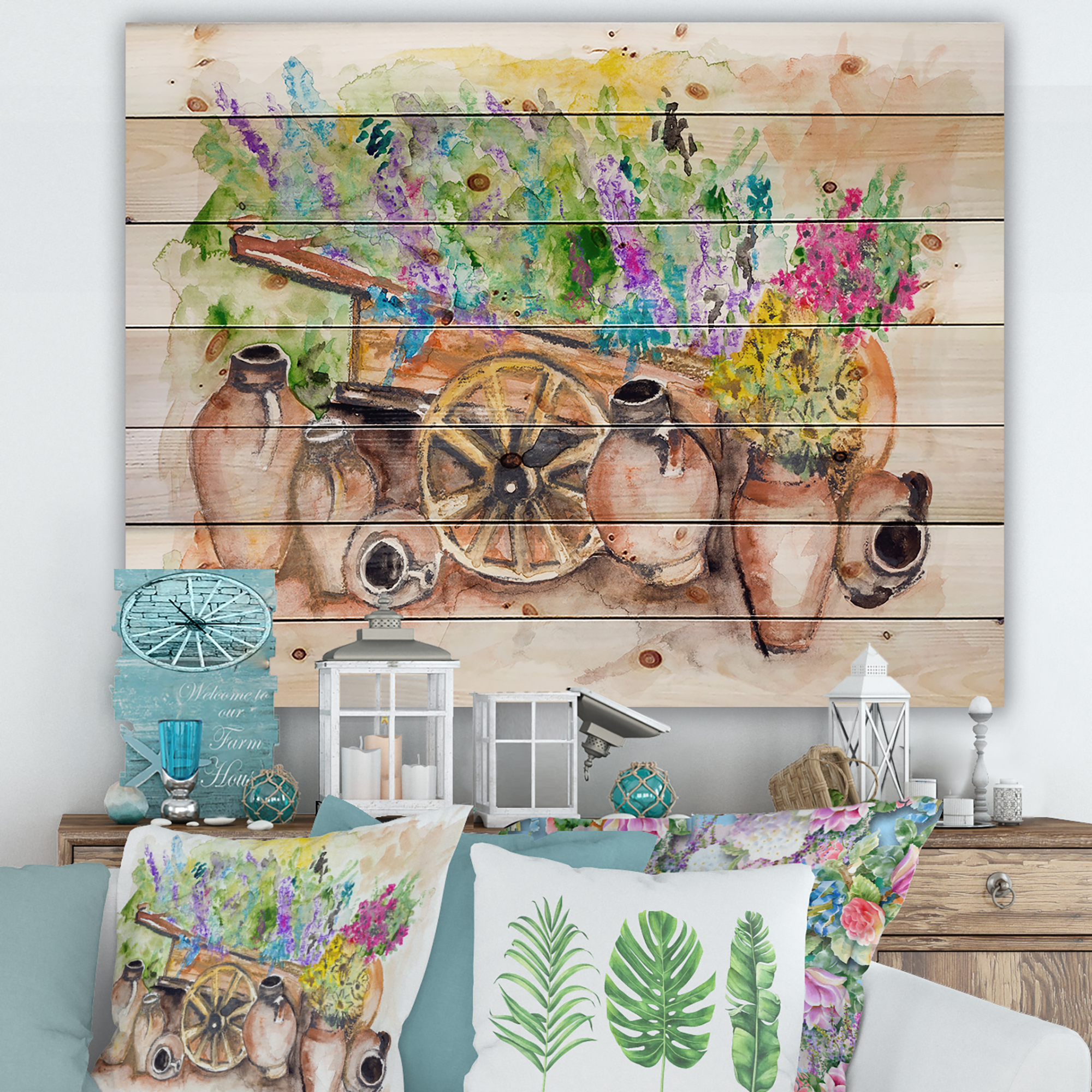 Designart 'Lavender Flowers On Ancient Cart Illustration' Traditional Print on Natural Pine Wood