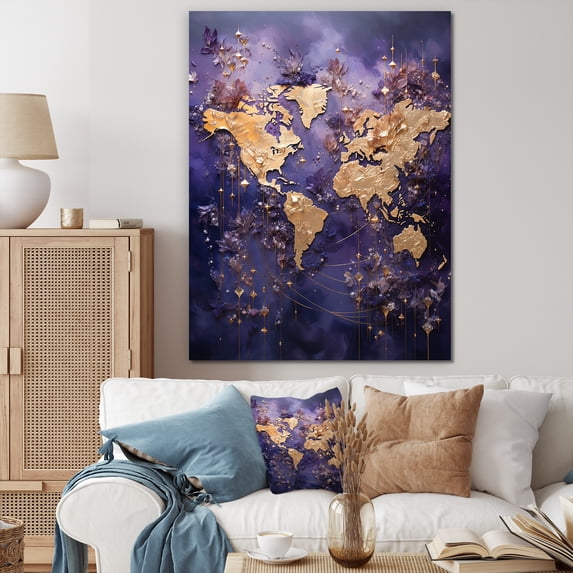 Designart "Lavender Whispers On The World Map I" World Map Canvas Prints