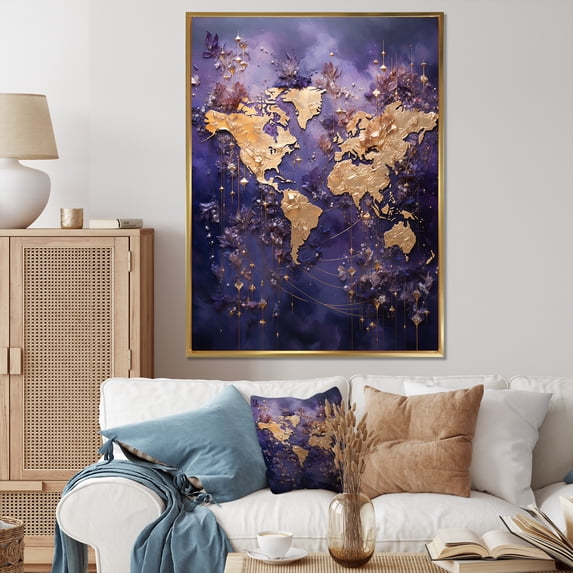Designart "Lavender Whispers On The World Map I" World Map Floater Framed Canvas Prints