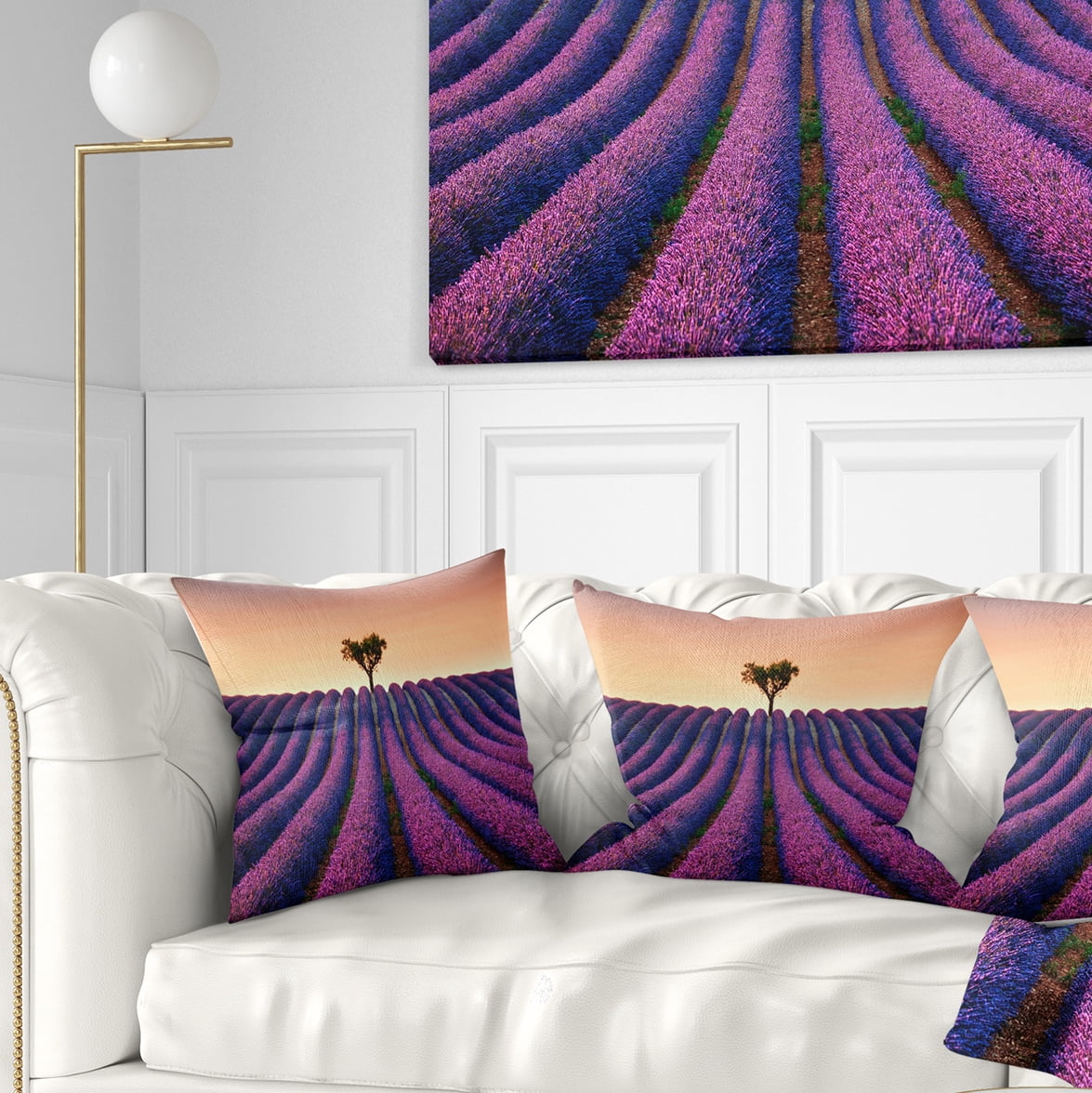Designart Lavender and Lonely Tree Uphill - Landscape Photography Throw Pillow - 16x16