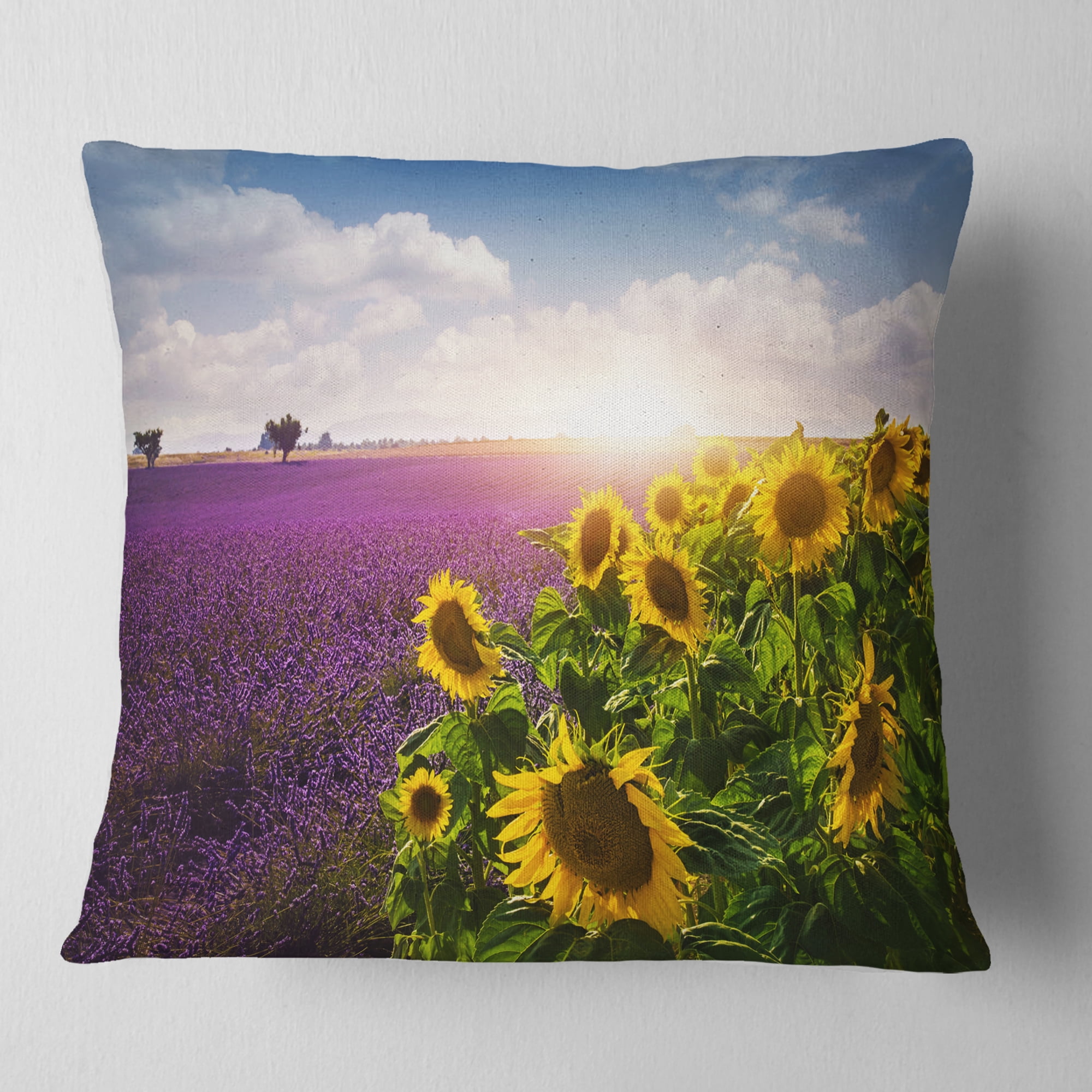 Designart Lavender and Sunflower Fields - Floral Throw Pillow - 18x18