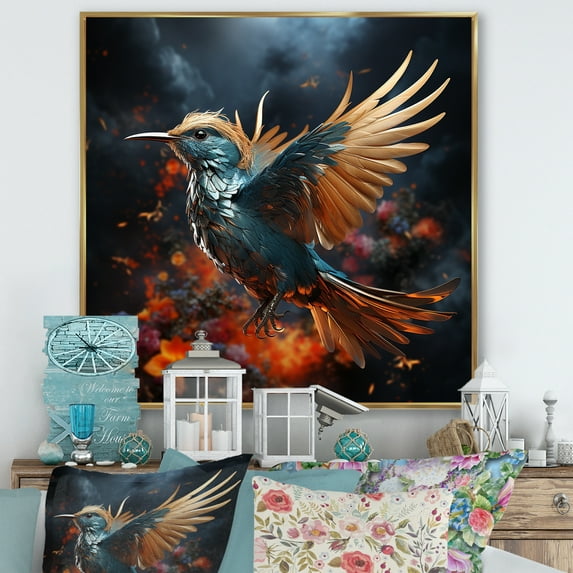 Designart "Layered Textures Form Mixed Media Heavens I" Animals Bird Floater Framed Canvas Art Print