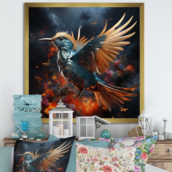 Designart "Layered Textures Form Mixed Media Heavens I" Animals Bird Picture Framed Canvas Art Print