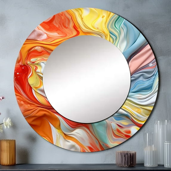 Designart "Layers Of Emotion Orange Blue Expression" Abstract Orange Large Round Mirror - Round Mirror Wall Décor - Glam Round Printed Mirror 36" x 36" Inch