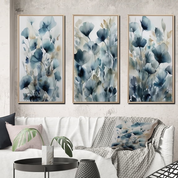 Designart "Leaf Foliage And Flowers Blue III" Floral Leaves Framed Wall Art Set Of 3 - Blue Leaves Frame Gallery Wall Set For Home Decor