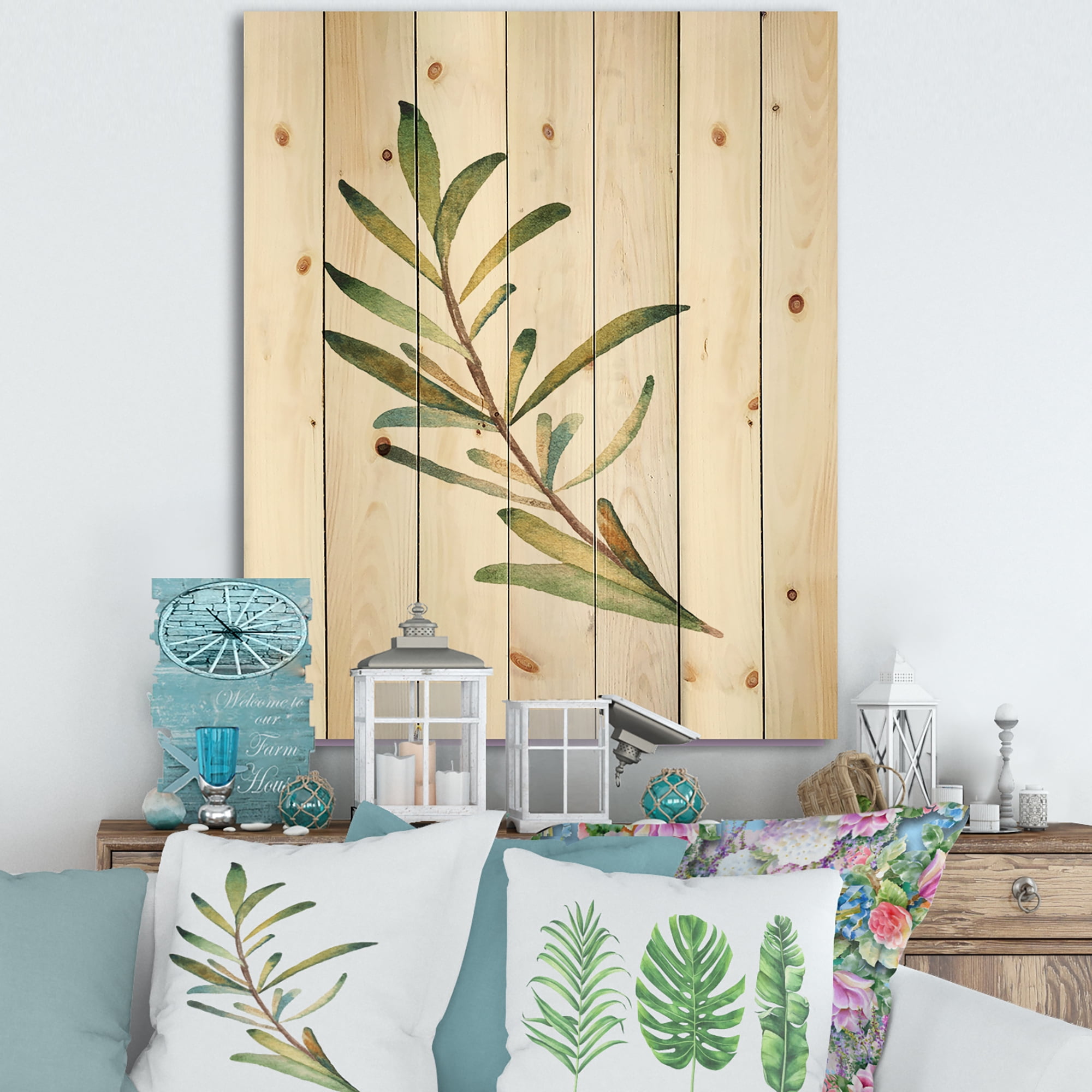 Designart 'Leaf Rosemary Branch on White' Traditional Print on Natural Pine Wood