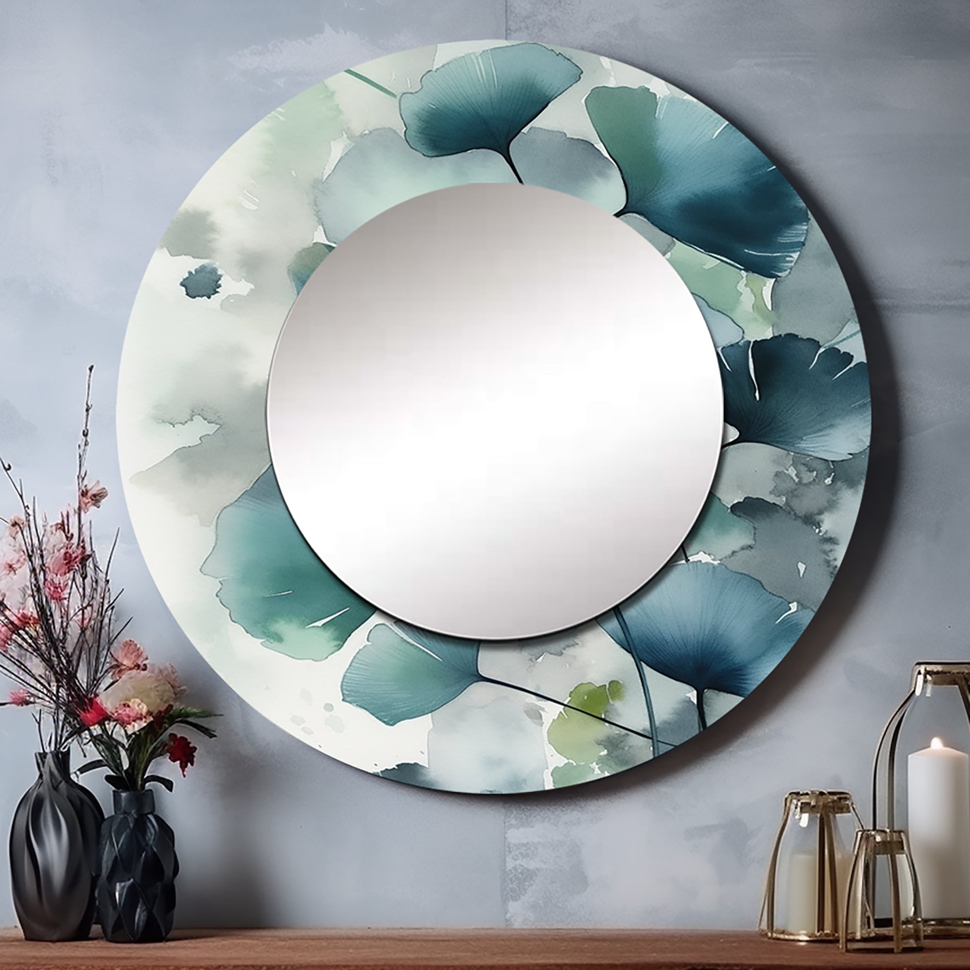 Designart "Leaf Veins Green I" Floral Leaves Rund Mirror For Wall Decor - Large Green Round ...
