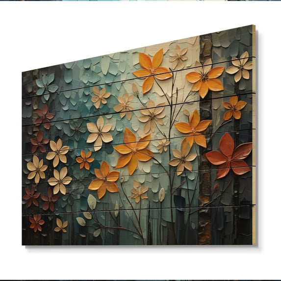 Designart "Leaves Autumnal Euphony Patchwork II" Modern Print on Natural Pine Wood
