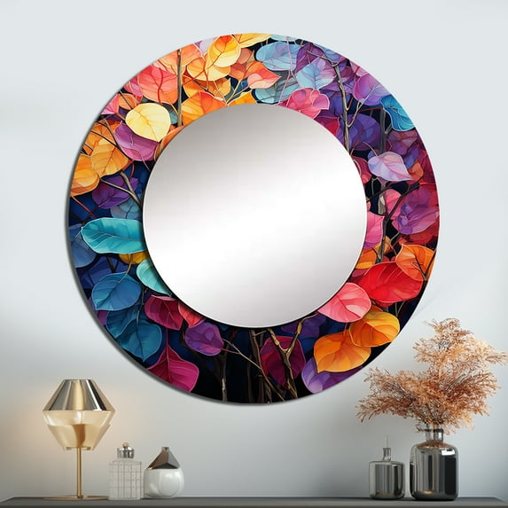 Designart "Leaves In A Magical Spectrum Of Colors" Leaves Rund Mirror For Wall Decor - Large Multicolor Round Print Mirror - Round Traditional Mirror - Wall Mounted Round Large Mirror - 23" x 23"