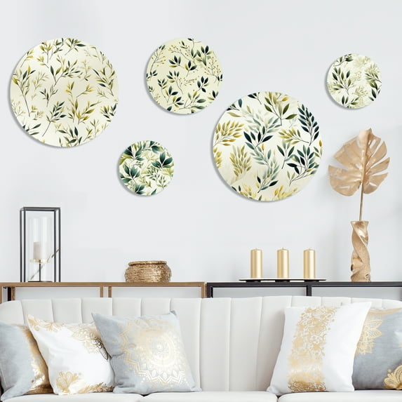 Designart "Leaves In Zen Tranquility" Plants Round Wall Art Set Of 5 - Green Bohemian Office Room Wall Art Set