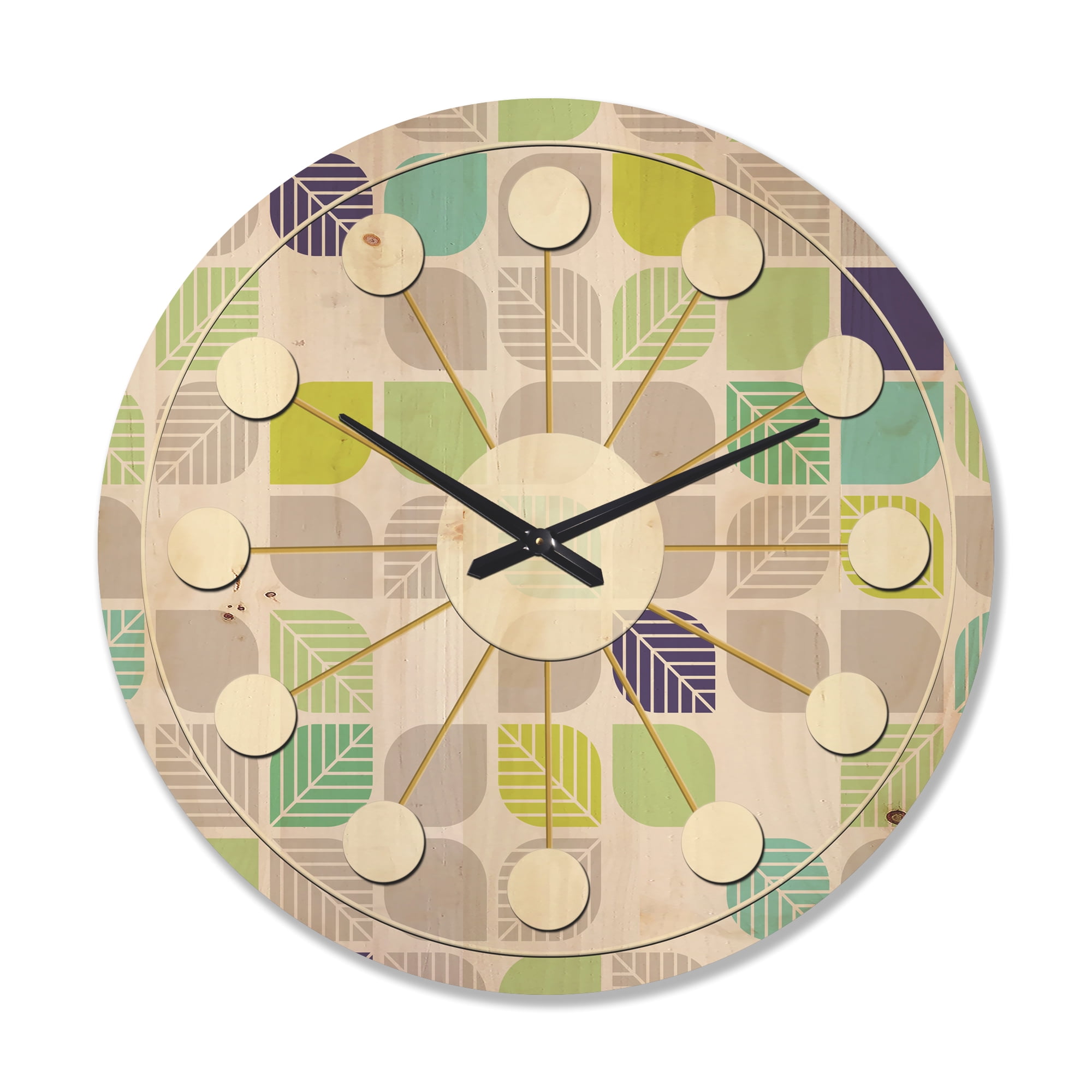Designart 'Leaves With Geometric Pattern' Mid-Century Modern Wood Wall Clock