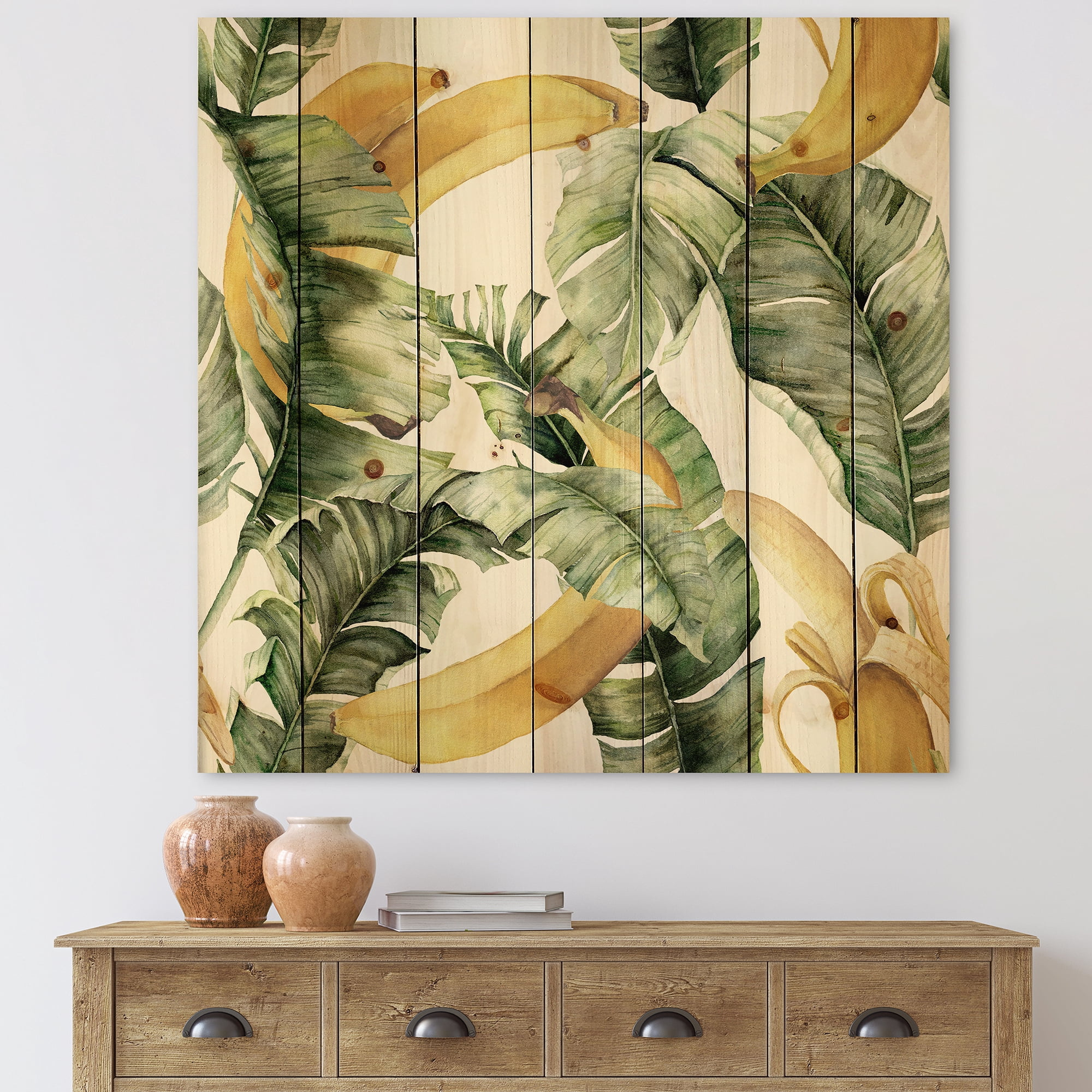 Designart 'Leaves With Ripe Bananas' Nautical & Coastal Print on Natural Pine Wood