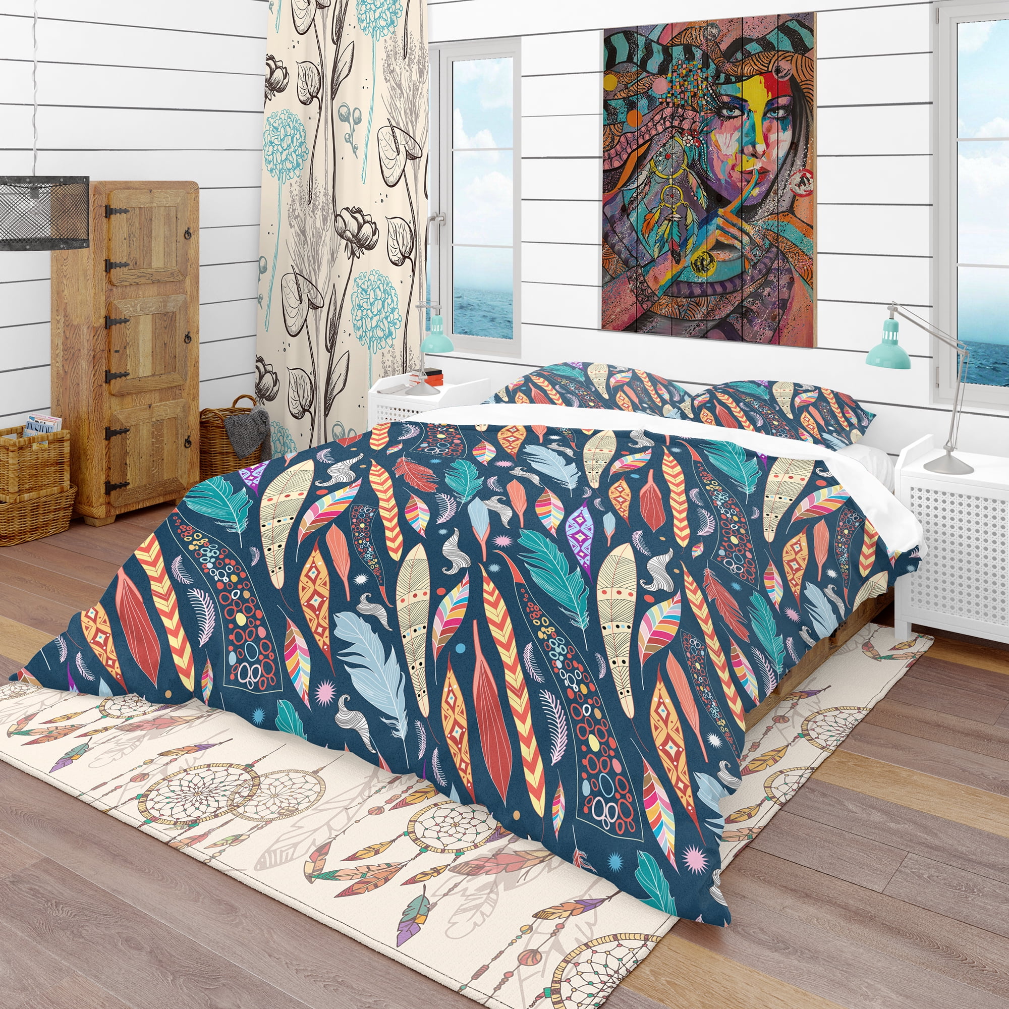 Designart 'Leaves and Feathers Pattern' Southwestern Duvet Cover Set