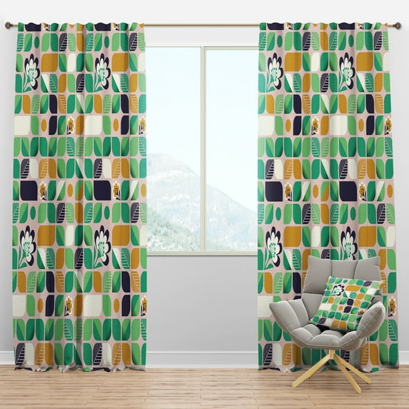 Designart 'Leaves and Flowers With Geometric Pattern' Mid-Century Modern Blackout Curtain Panel