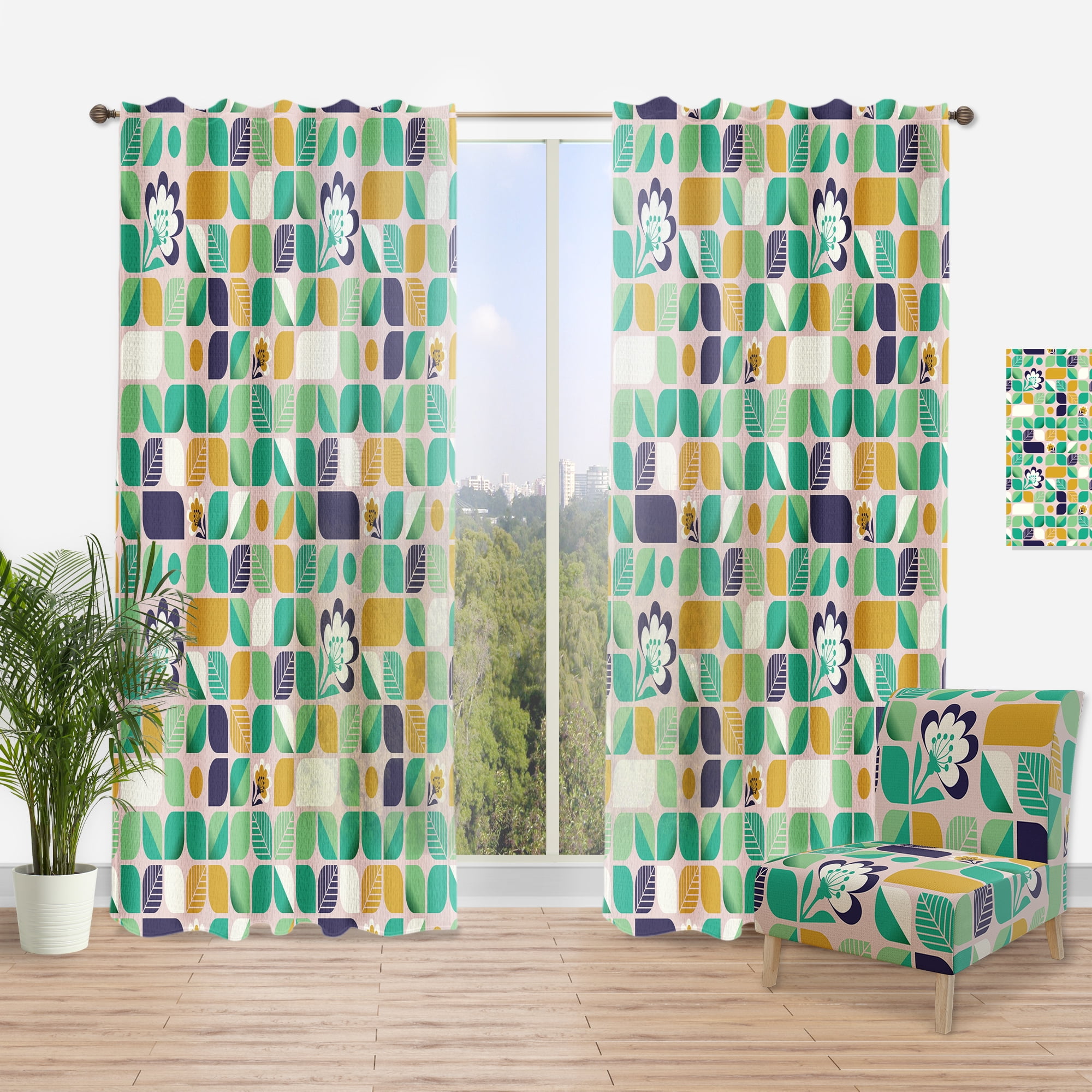 Designart 'Leaves and Flowers With Geometric Pattern' Mid-Century Modern Curtain Panel