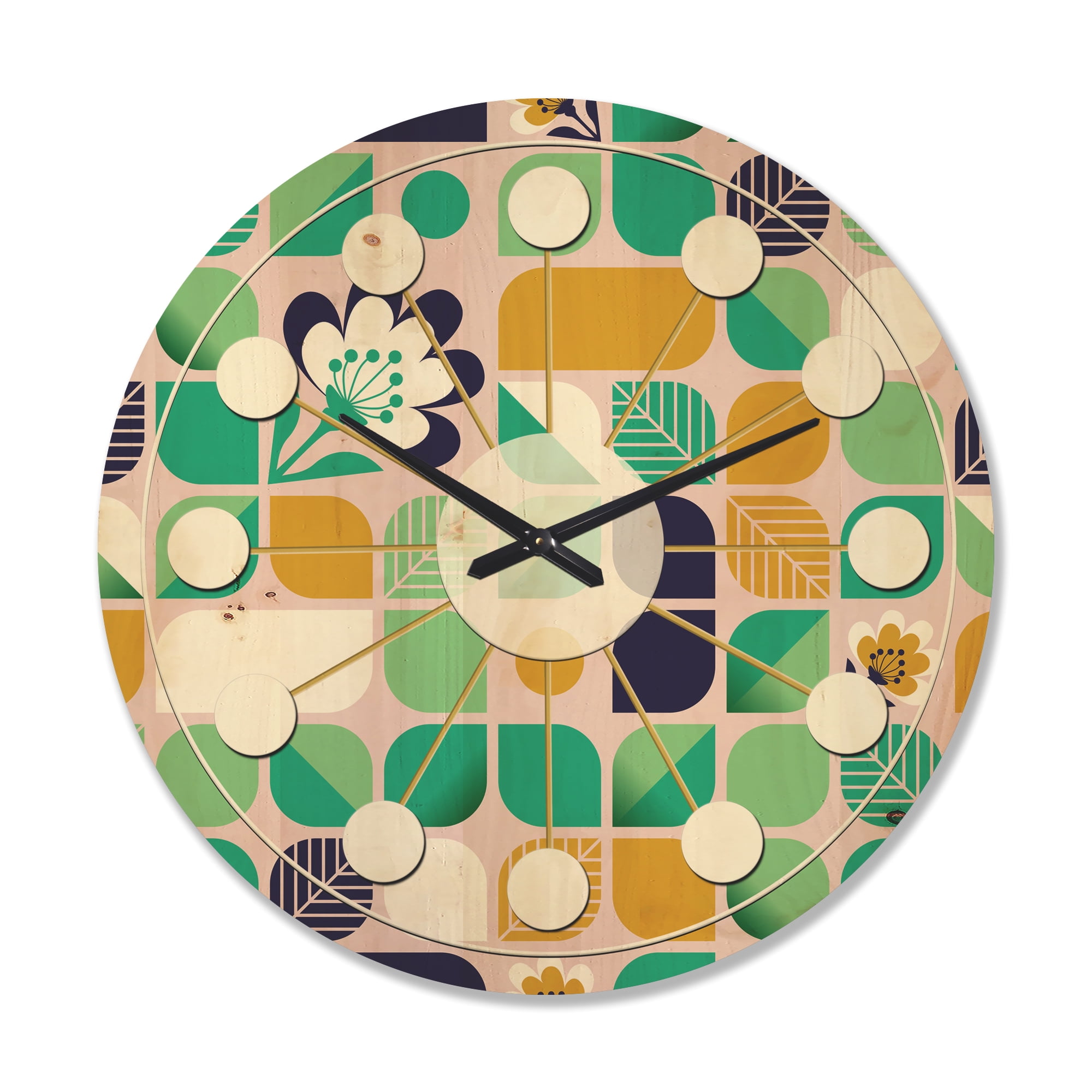 Designart 'Leaves and Flowers With Geometric Pattern' Mid-Century Modern Wood Wall Clock