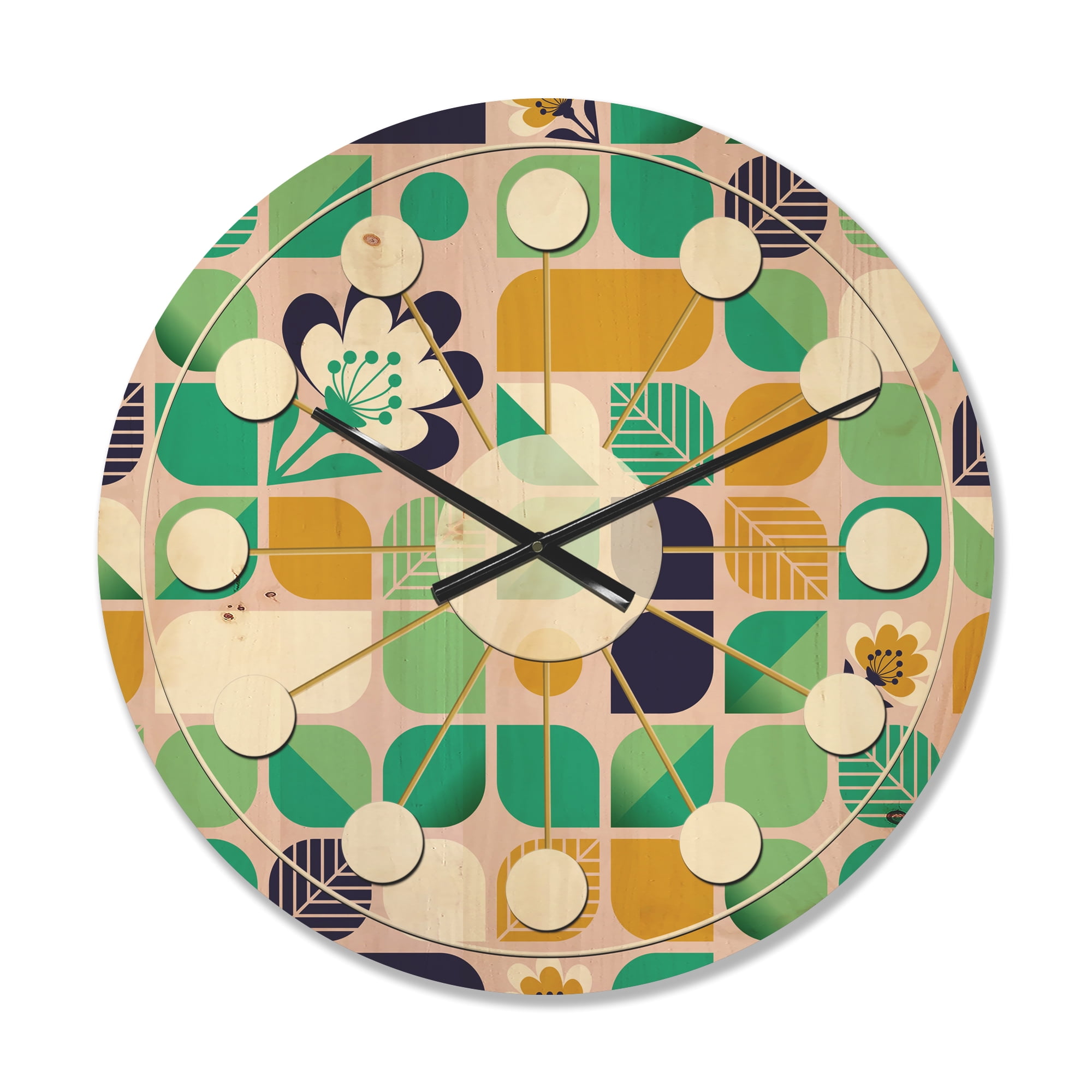 Designart 'Leaves and Flowers With Geometric Pattern' Mid-Century Modern Wood Wall Clock