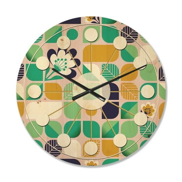Designart 'Leaves and Flowers With Geometric Pattern' Mid-Century Modern Wood Wall Clock