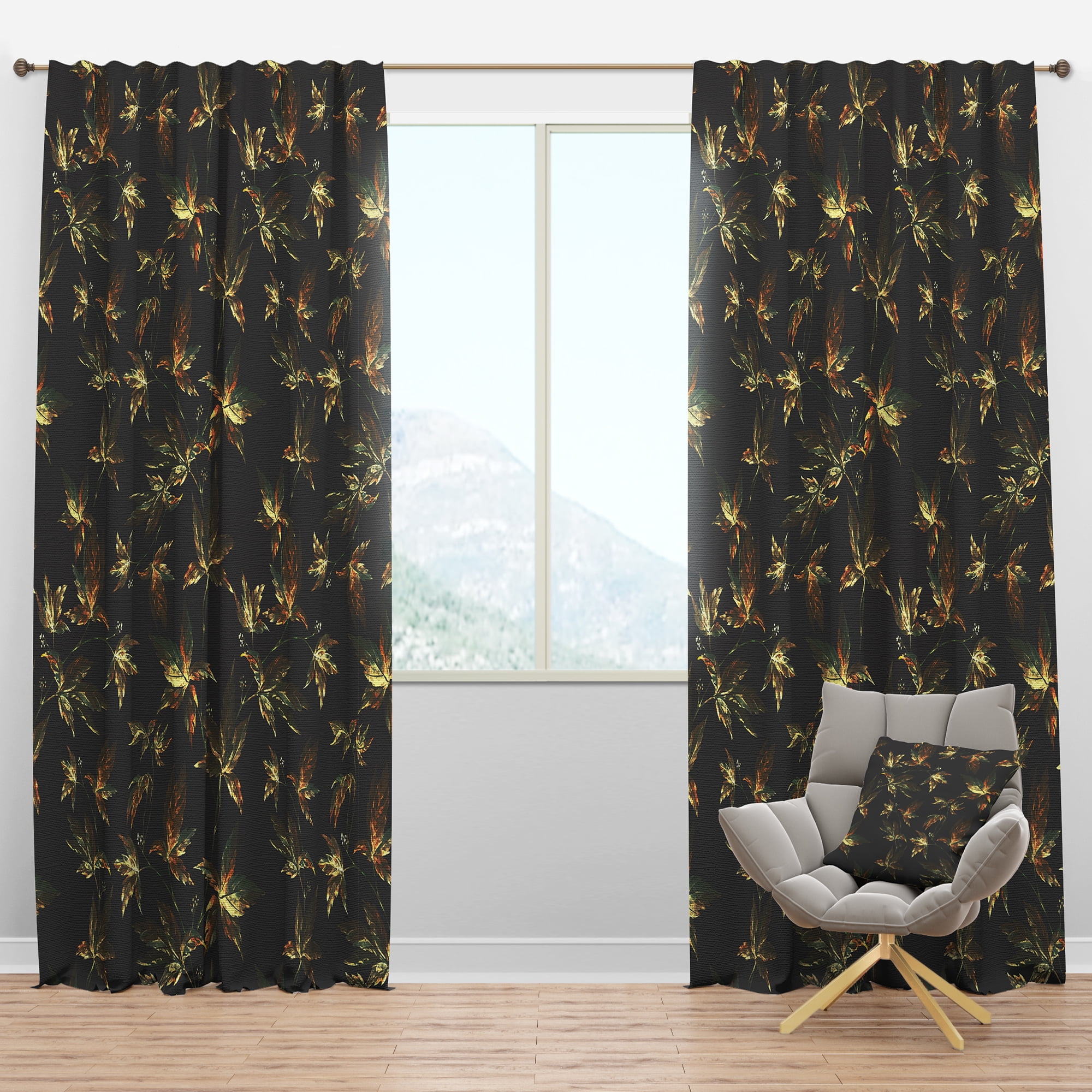 Designart 'Leaves on Black' Traditional Blackout Curtain Panel