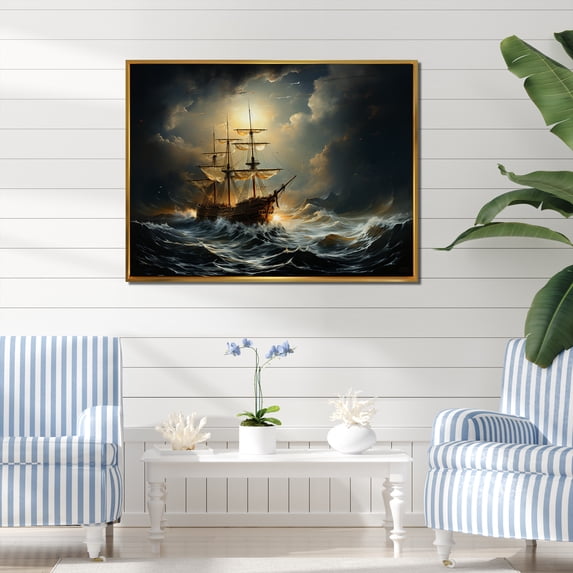 Designart "Legacy of the Caribbean Pirate Ship I" People Framed Wall Art - Modern Yellow Pirate Bedroom Framed Canvas Wall Art