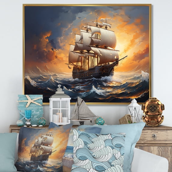 Designart "Legacy of the Caribbean Pirate Ship III" People Framed Wall Art - Modern Orange Pirate Entryway Framed Wall Art