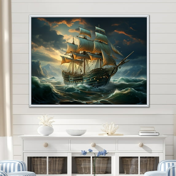 Designart "Legacy of the Seas Pirate Ship I" People Framed Wall Art - Modern Green Pirate Hallway Framed Wall Art Decor