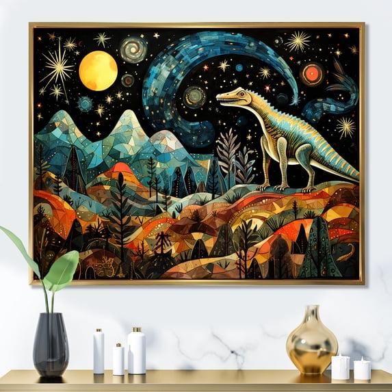 Designart "Legends of Ancient Dinosaurs I" Animals Framed Wall Art - Modern Blue Dinosaur Entryway Framed Wall Art Print