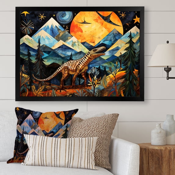 Designart "Legends of Ancient Dinosaurs II" Animals Framed Wall Art Decor - Modern Blue Dinosaur Entryway Framed Wall Art Print