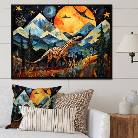 Designart "Legends of Ancient Dinosaurs II" Animals Framed Wall Art - Modern Blue Dinosaur Entryway Framed Wall Art