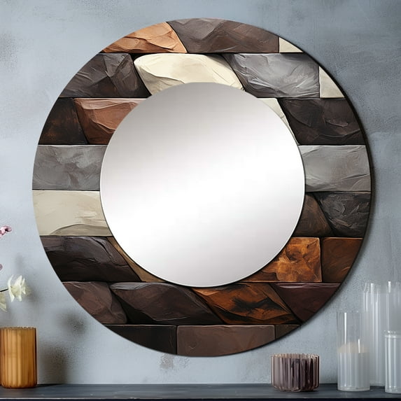Designart "Legume Rock Mosaic I" Stone Geode Rund Mirror For Wall Decor - Large Grey Round Printed Mirror - Traditional Round Office Mirror - 23" x 23"