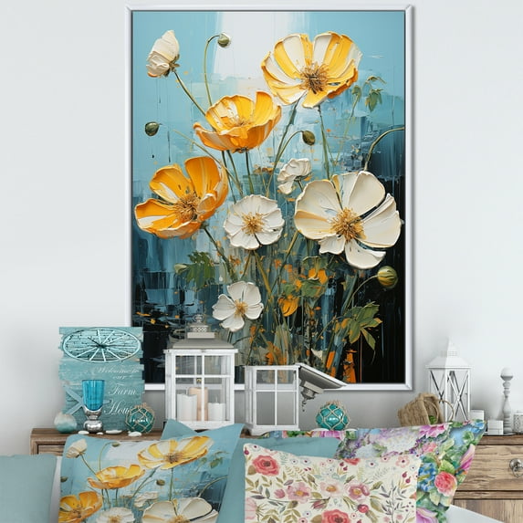 Designart "Lemon And Alabaster Buttercups Luminous Light" Buttercups Floater Framed Wall Decor